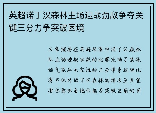 英超诺丁汉森林主场迎战劲敌争夺关键三分力争突破困境 英超诺丁汉森林主场迎战劲敌争夺关键三分力争突破困境