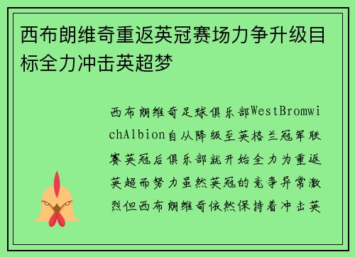 西布朗维奇重返英冠赛场力争升级目标全力冲击英超梦 西布朗维奇重返英冠赛场力争升级目标全力冲击英超梦