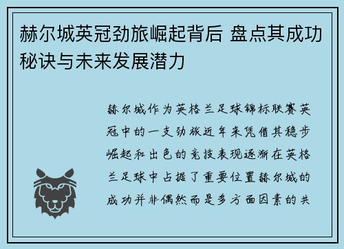赫尔城英冠劲旅崛起背后 盘点其成功秘诀与未来发展潜力