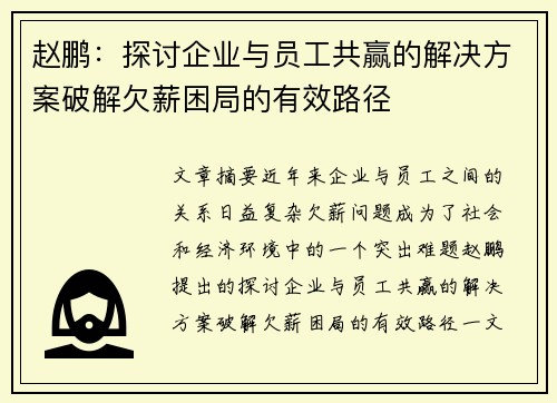 赵鹏：探讨企业与员工共赢的解决方案破解欠薪困局的有效路径